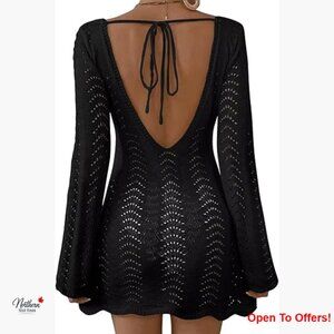 Long Sleeve Crochet Mesh Backless Swimsuit Cover Up